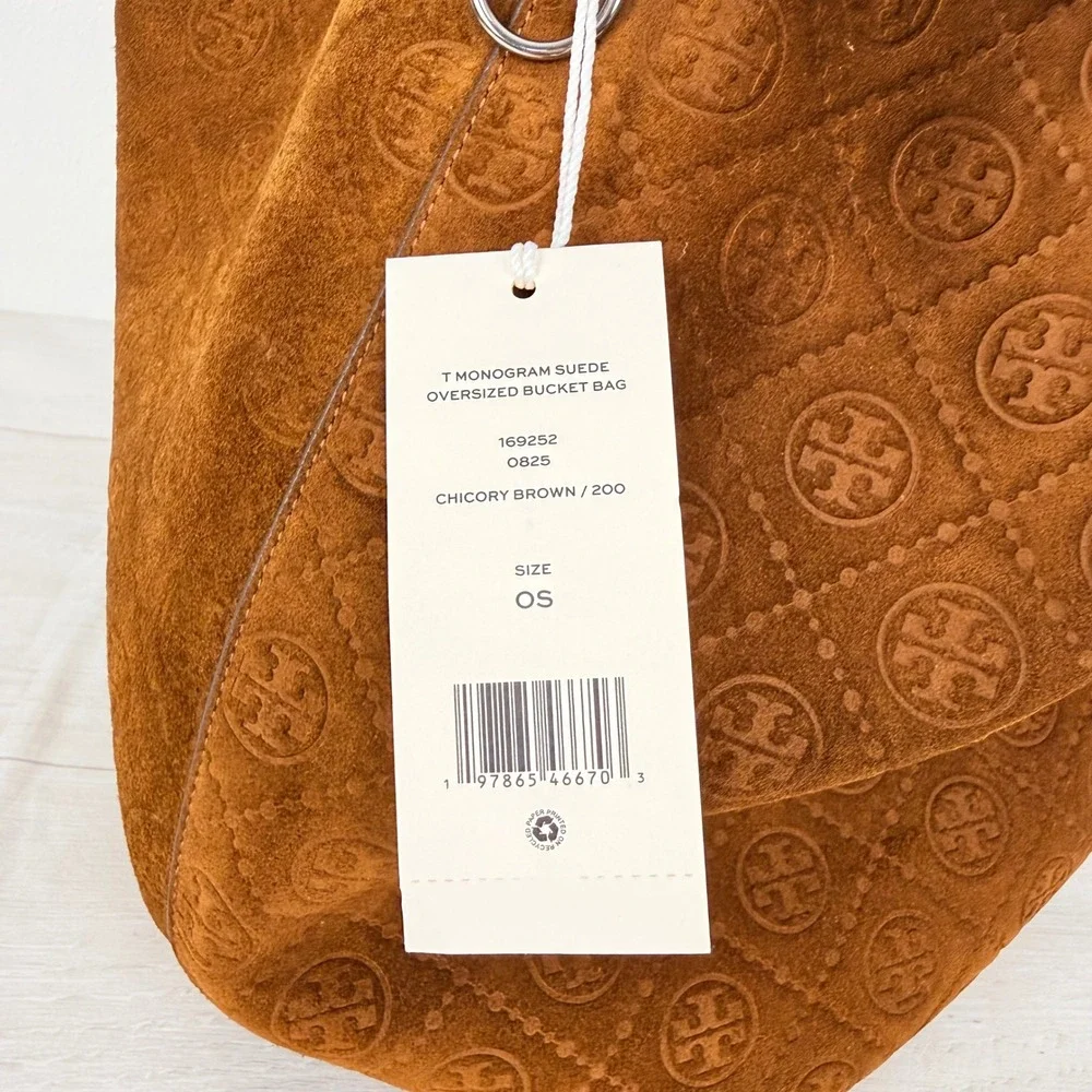 NWT Tory Burch T Monogram Suede Oversized Bucket Bag OS Chicory Brown Drawstring